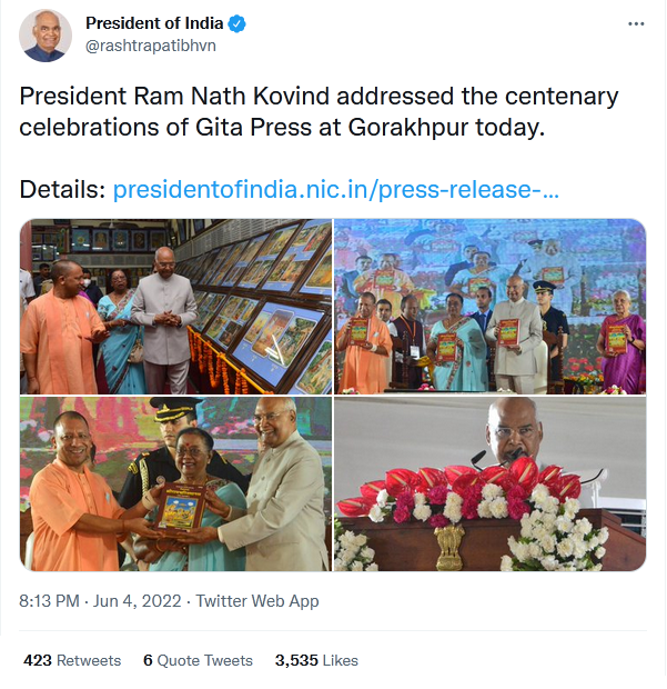 Prez Kovind Tweets of Gita Press Visit
